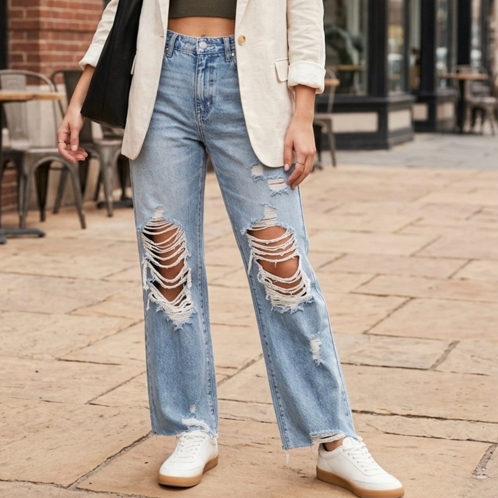 PAIGE Light Blue Distressed Boyfriend Jeans